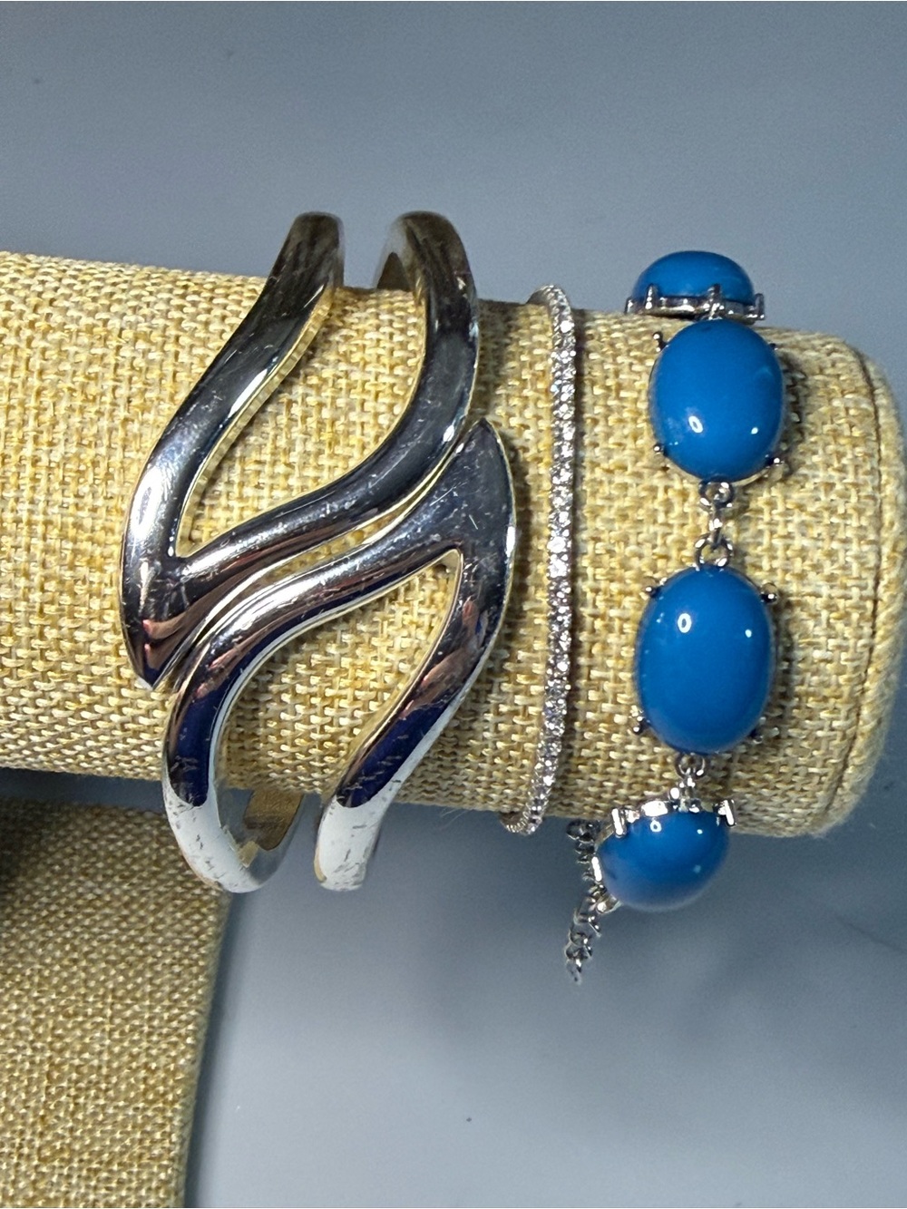 Curated Rhinestone, Silver Wave Cuff & Mykonos Blue Oval Bead Bracelet Stack B10